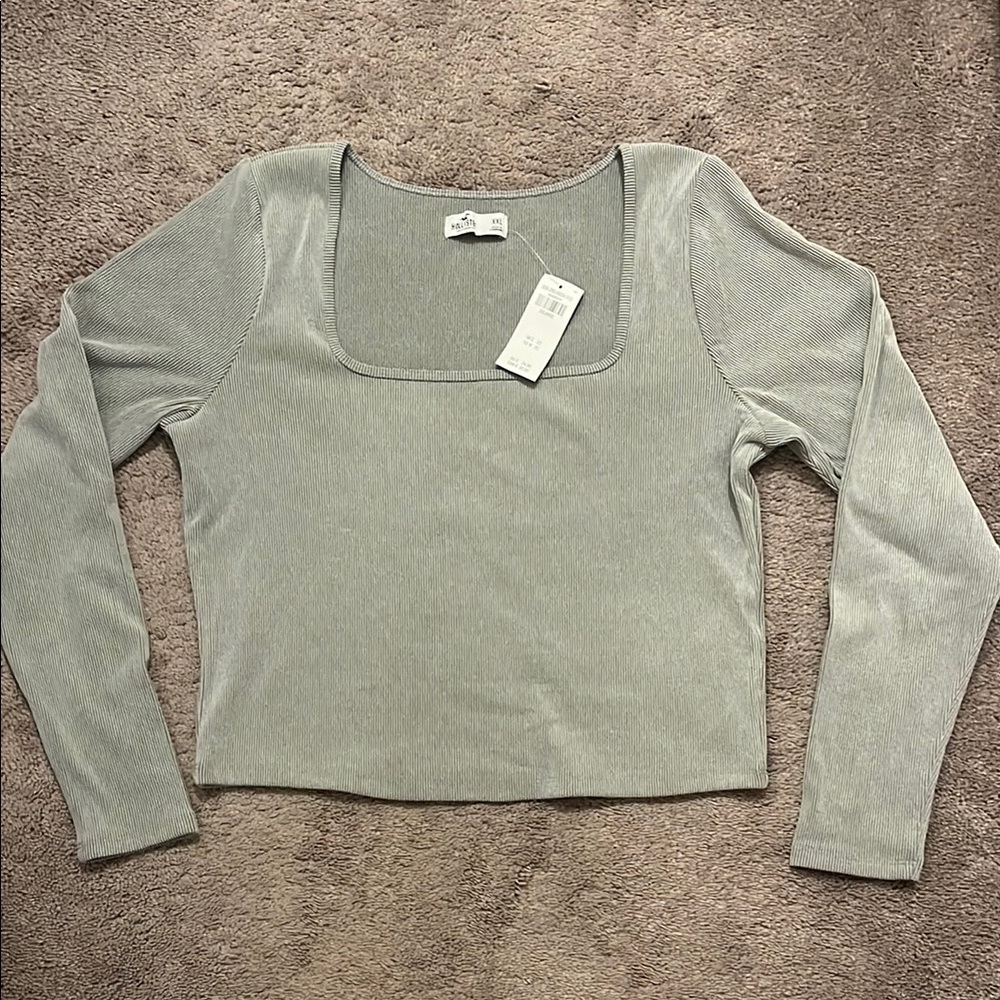 Hollister Gray Fitted Crop Blouse Long Sleeve